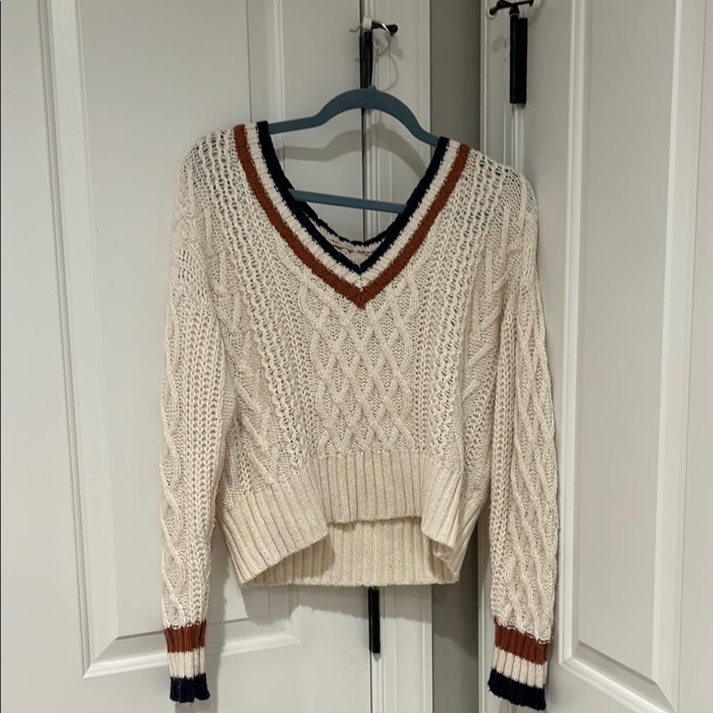V-Neck Cable Knit Sweater - Cream and Brown